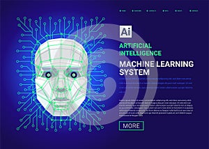 Machine learning system web template. Human face consisting of polygons, points, lines and binary data flow on blue