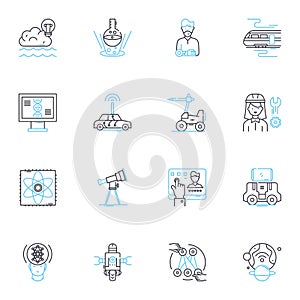 Machine learning technology linear icons set. Algorithms, Predictions, Data, Automation, Neural, Optimization