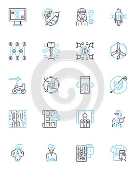 Machine learning technology linear icons set. Algorithms, Predictions, Data, Automation, Neural, Optimization
