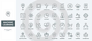 Machine learning thin black and red line icons set, data research algorithms, computing