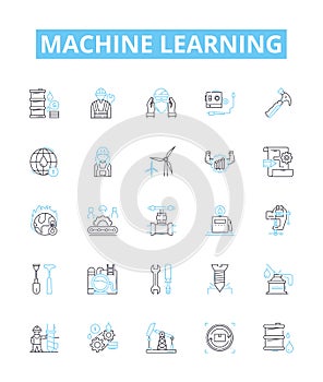 Machine learning vector line icons set. machine, learning, artificial, intelligence, algorithm, data, model illustration