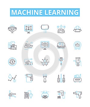 Machine learning vector line icons set. machine, learning, artificial, intelligence, algorithm, data, model illustration