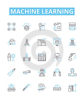 Machine learning vector line icons set. machine, learning, artificial, intelligence, algorithm, data, model illustration