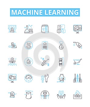 Machine learning vector line icons set. machine, learning, artificial, intelligence, algorithm, data, model illustration