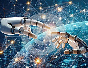 Machine learning world with hands of robot touch on big data network artificial intelligence