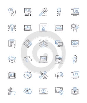 Machine line icons collection. Automation, Robotics, Mechanism, Engine, Appliance, Assembly, Contraption vector and