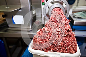 Machine mincing meat in grocery store