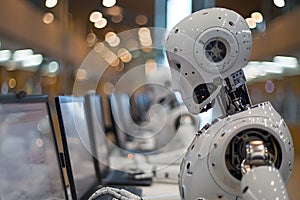 A machine is operating a laptop computer in an engineering setting