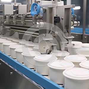 The machine packs yogurt into boxes at the factory, dairy industry,