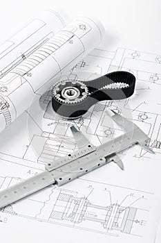 Machine part ad belt with caliper, blueprint