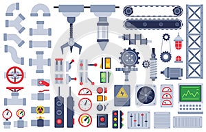 Machine parts. Auto technical mechanisms, gear equipment, engine. Pinion and motor, shaft, joints industry machinery