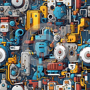 technical machine parts warp around pattern mechanic seamless background industrial illustration