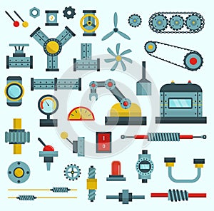 Machine parts vector illustration machinery flat icons set manufacturing work detail design gear mechanical equipment