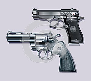Machine pistol and revolver.