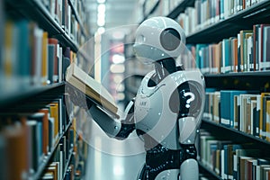 Machine robot reading the book in the library