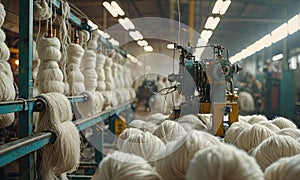 A machine is shown in the image, with a large amount of yarn being produced. The machine is surrounded by a group of peo