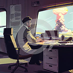 the machine sits at the desktop in the background in the window an explosion