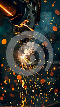 A machine sparks and burns as it cuts metal, AI