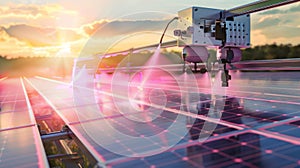A machine spraying layers of antireflective coating onto solar panels enhancing their efficiency. .