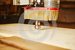 Machine tool in wood factory with drilling cnc machines. Computer numerical control.