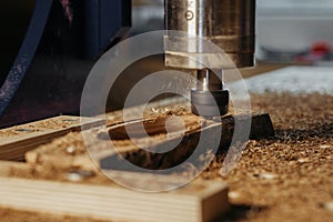 Machine tool in wood factory with drilling cnc machines. Computer numerical control