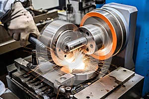 A machine uses a laser to cut a cylindrical piece of metal photo