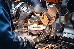 A machine uses a laser to cut a cylindrical piece of metal photo