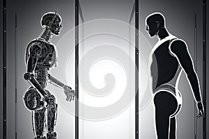Machine vs human: robot and man facing each other