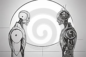 Machine vs human: robot and man facing each other