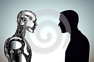 Machine vs human: robot and man facing each other