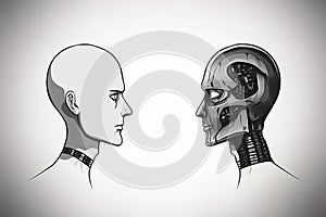 Machine vs human: robot and man facing each other