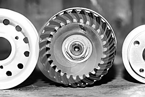 Machinery concept. Set of various gears and ball bearings