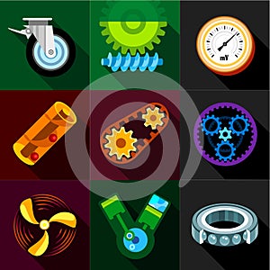 Machinery gear icons set, flat style