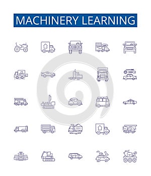 Machinery learning line icons signs set. Design collection of Machine, Learning, Artificial, Intelligence, Algorithm