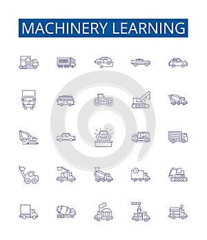Machinery learning line icons signs set. Design collection of Machine, Learning, Artificial, Intelligence, Algorithm
