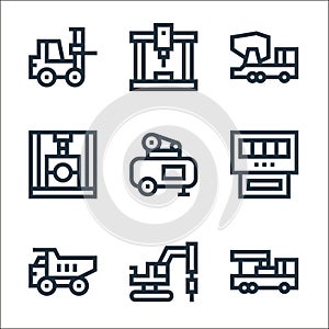 machinery line icons. linear set. quality vector line set such as crane truck, drilling machine, tipper, gauge, air compressor,