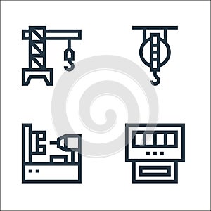 machinery line icons. linear set. quality vector line set such as gauge, lathe machine, hoist