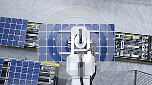 Machinery placing PV cells on conveyor belts, top down shot, 3D render