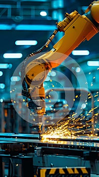 Machinery production line closeup with robot arms cutting and welding metal on conveyor belt in factory