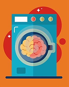 The machinery of psychological control embodied in a washing machine with a cunning brain.. Vector illustration. photo