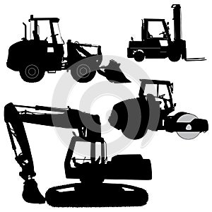 Machinery. Set of silhouettes of a tractors of roa