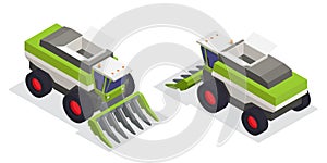 Machinery for textile and spinning industry isometric icons set of two harvesting machine for collecting raw cotton vector