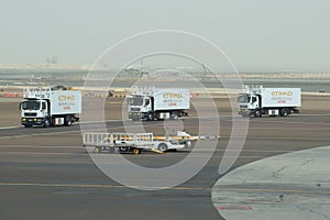 Machines of the airline Etihad Airways is returned after the loading of the aircraft. The Abu Dhabi Airport