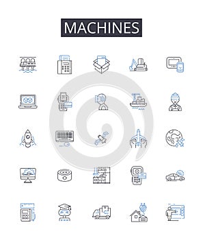 Machines line icons collection. Gearworks, Automatons, Mechanisms, Contraptions, Robotics, Engines, Apparatuses vector