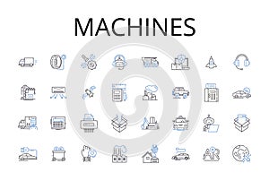 Machines line icons collection. Gearworks, Automatons, Mechanisms, Contraptions, Robotics, Engines, Apparatuses vector