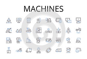 Machines line icons collection. Gearworks, Automatons, Mechanisms, Contraptions, Robotics, Engines, Apparatuses vector photo