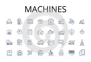 Machines line icons collection. Gearworks, Automatons, Mechanisms, Contraptions, Robotics, Engines, Apparatuses vector photo