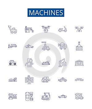 Machines line icons signs set. Design collection of Robots, Automata, Computers, Electronics, Tools, Engines, Gadgets photo