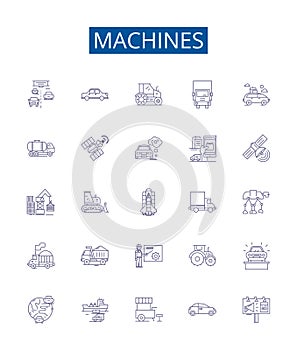 Machines line icons signs set. Design collection of Robots, Automata, Computers, Electronics, Tools, Engines, Gadgets photo