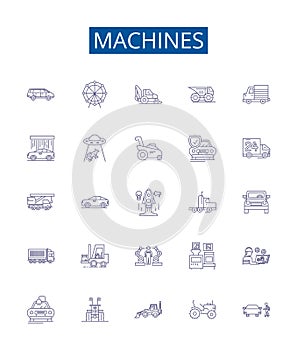 Machines line icons signs set. Design collection of Robots, Automata, Computers, Electronics, Tools, Engines, Gadgets photo